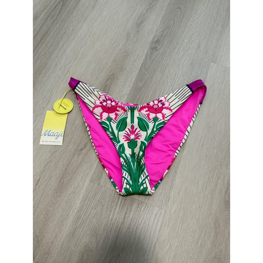 NWT Maaji Reversible Bikini Bottom Pink purple green floral Colorful Bright L